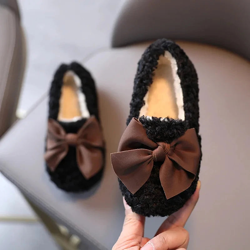 Girls Winter Shoes Cotton-padded Warm Cotton Fur Fluffy Children Flats Kids Loafers Slip-on Princess Sweet Anti-slippery Bowtie GlowCart