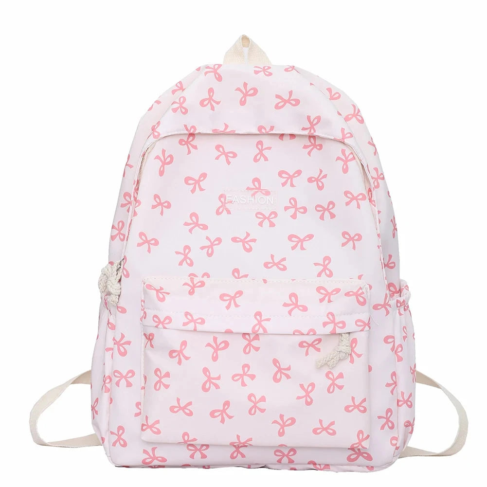 Nylon Student Backpack Bow Printed for Girls Women Schoolbag GlowCart