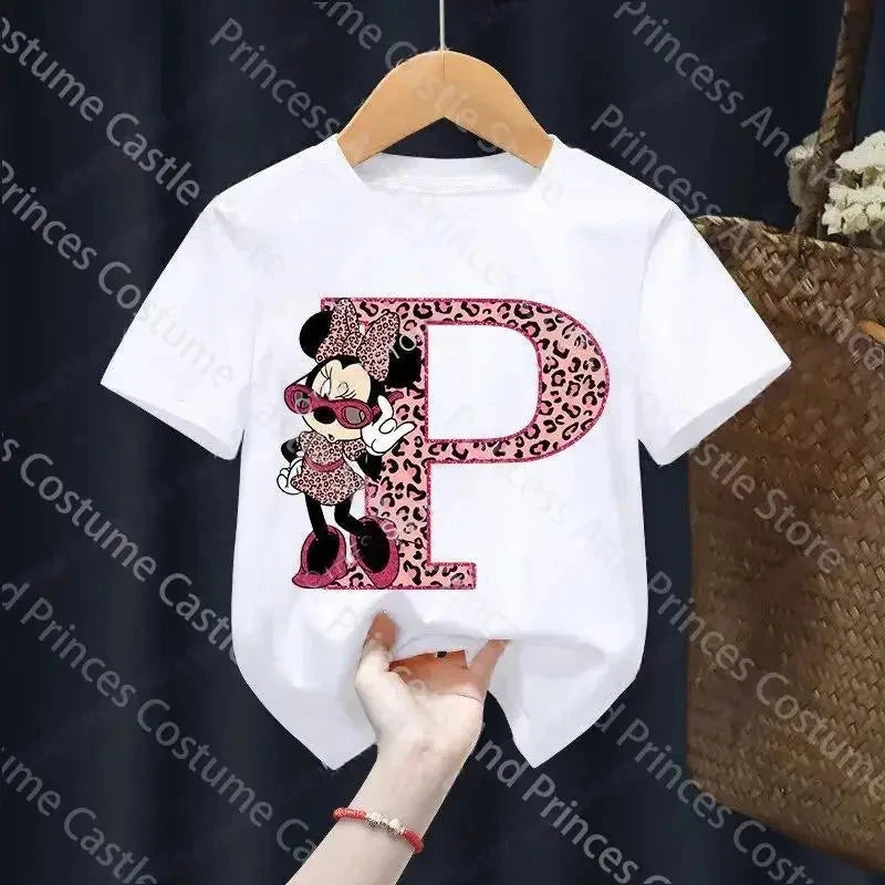 Letter A-Z Minnie Children  T-Shirts Name Combination Disney Kawaii Cartoons Clothes Kids Little Boy Girl Tee Shirts Casua GlowCart