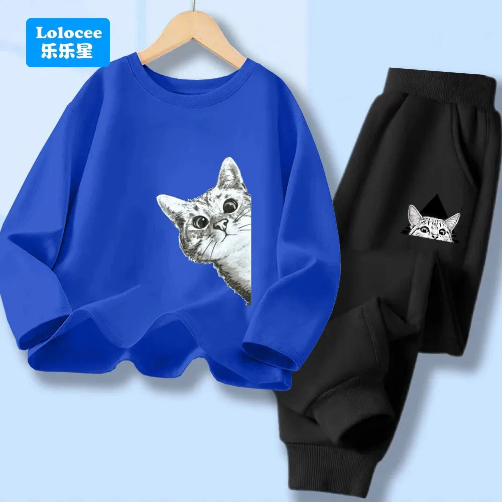 Spring Autumn Baby Boys Clothes Sets Kids Funny Cat Print Long Sleeve T-shirt Tops+ Pants Suits Boys' Tracksuit CLM1 GlowCart