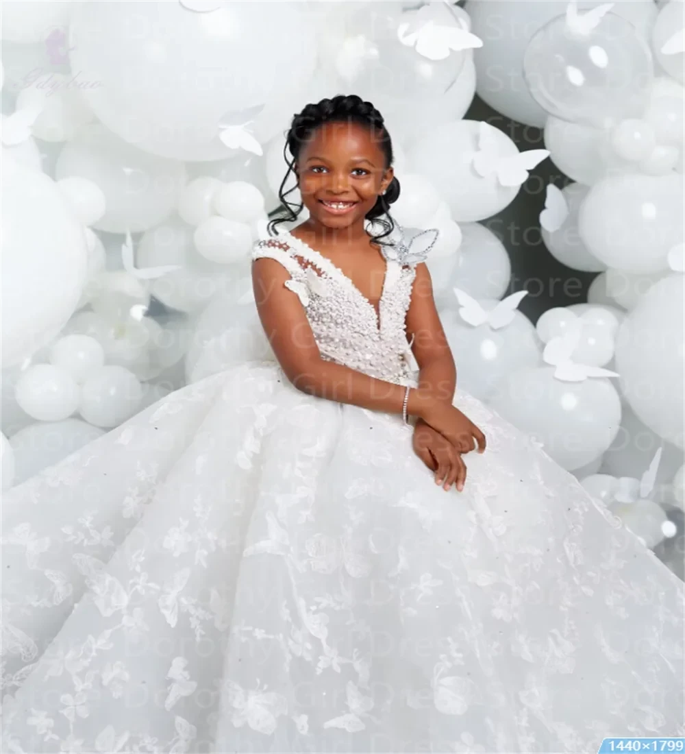 White V-neck Luxury Flower Girl Dresses For Wedding GlowCart