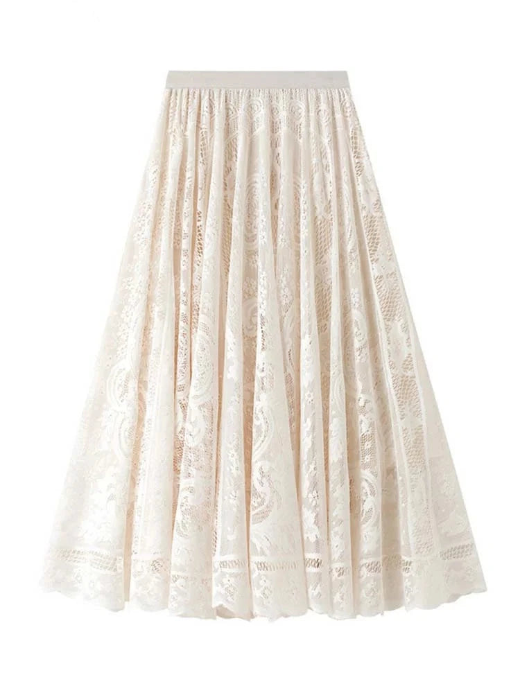 Spring Summer Women Lace Skirts Solid High Waist Elastic Vintage Elegant Office Ladies White Black Chic Long Skirts Jupe Longue GlowCart