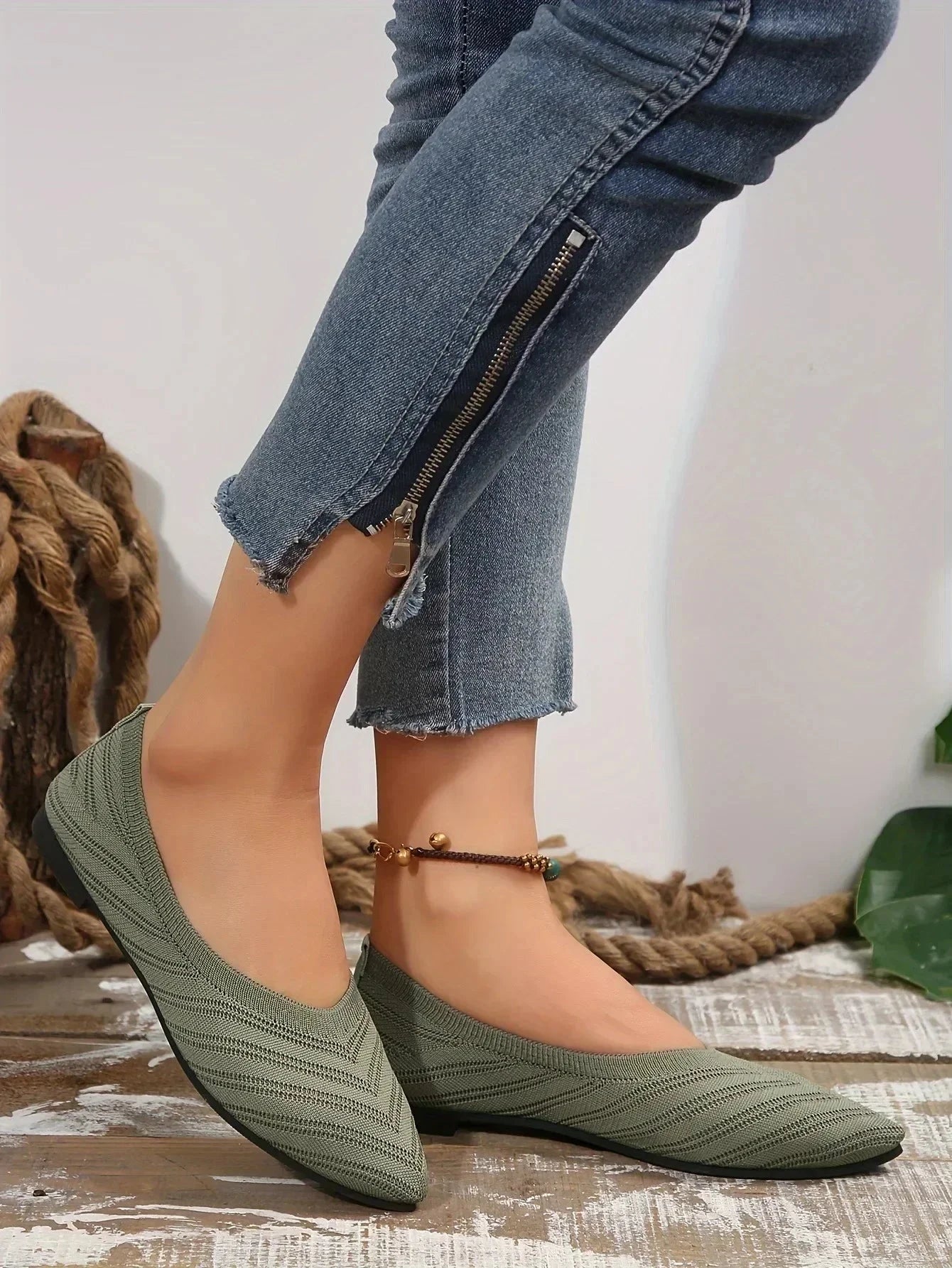 New 2024 Pointed Toe Flat Office Boat Solid Color Knitted GlowCart