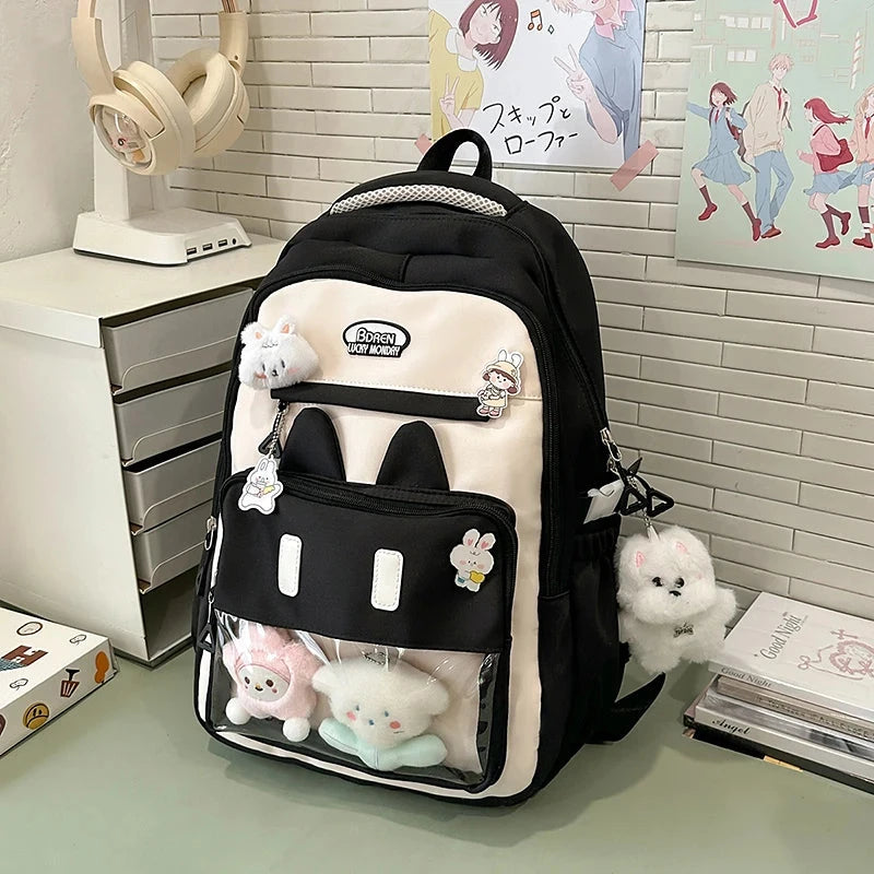 Cute Backpack School Bag Transparent Window Plush Puppy Cartoon Decor Large Capacity Nylon Zipper Adjustable Straps for Travel GlowCart