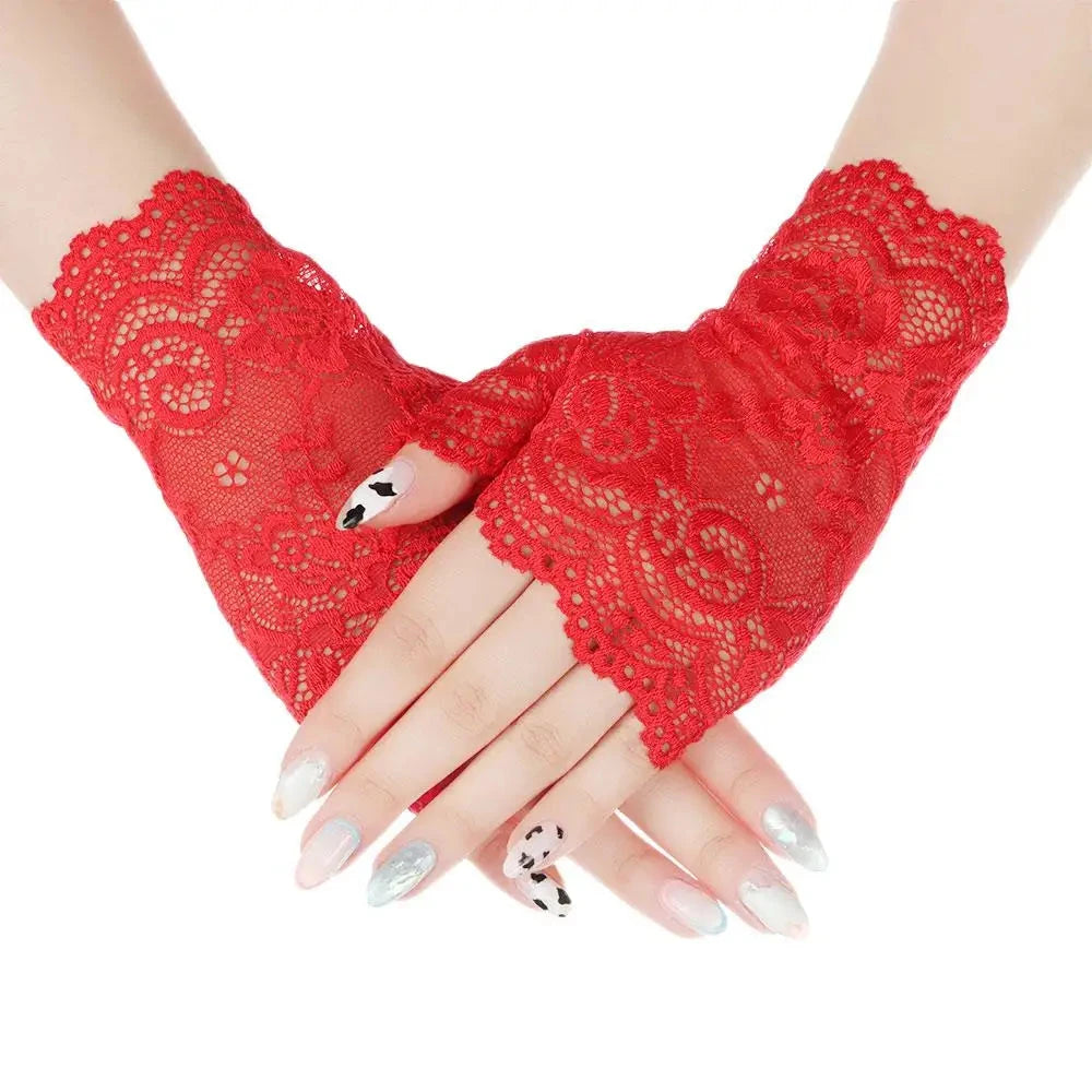 Women Short Lace Hollow-Out Fingerless Gloves Sun Protection GlowCart