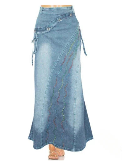 Long Skirt High Waist Vintage Print Women 2024 Autumn Temperament Patchwork Pocket Big Swing Female Denim Fishtail Skirts GlowCart