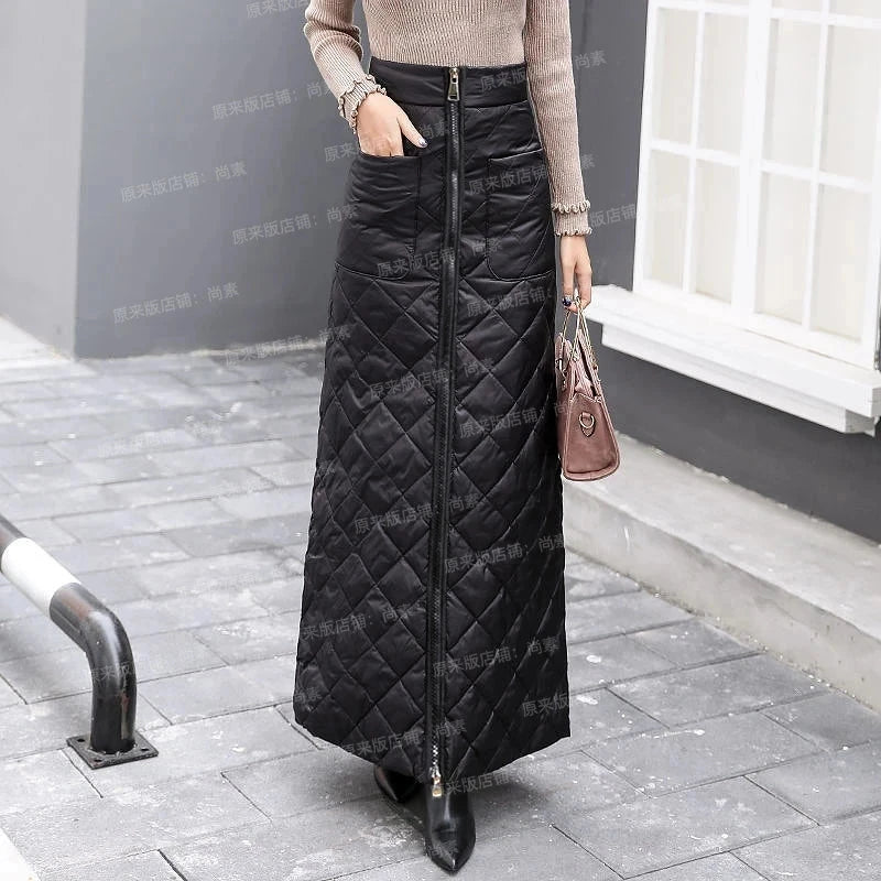 Autumn Winter Thick Warm Down Cotton Padded Skirts Women High Waist Windproof Belt Warm Puffer Skirts Large Size Long Skirts 5XL GlowCart
