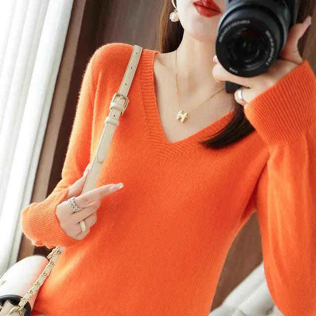 Women's Sweater 2025 Autumn Winter Knitted Pullovers V-neck GlowCart