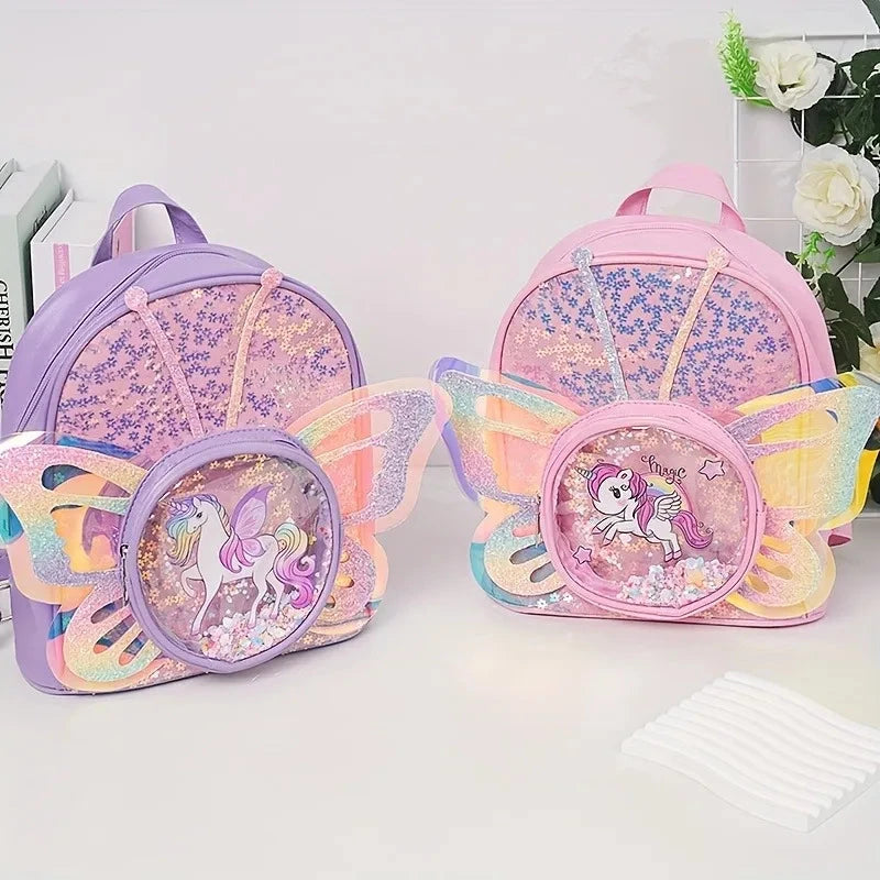 Toddlers Backpack Cartoon Unicorn Schoolbag Sequin Transparent Butterfly Wings Bookbag for Girl Kids Waterproof School Bag 2024 GlowCart