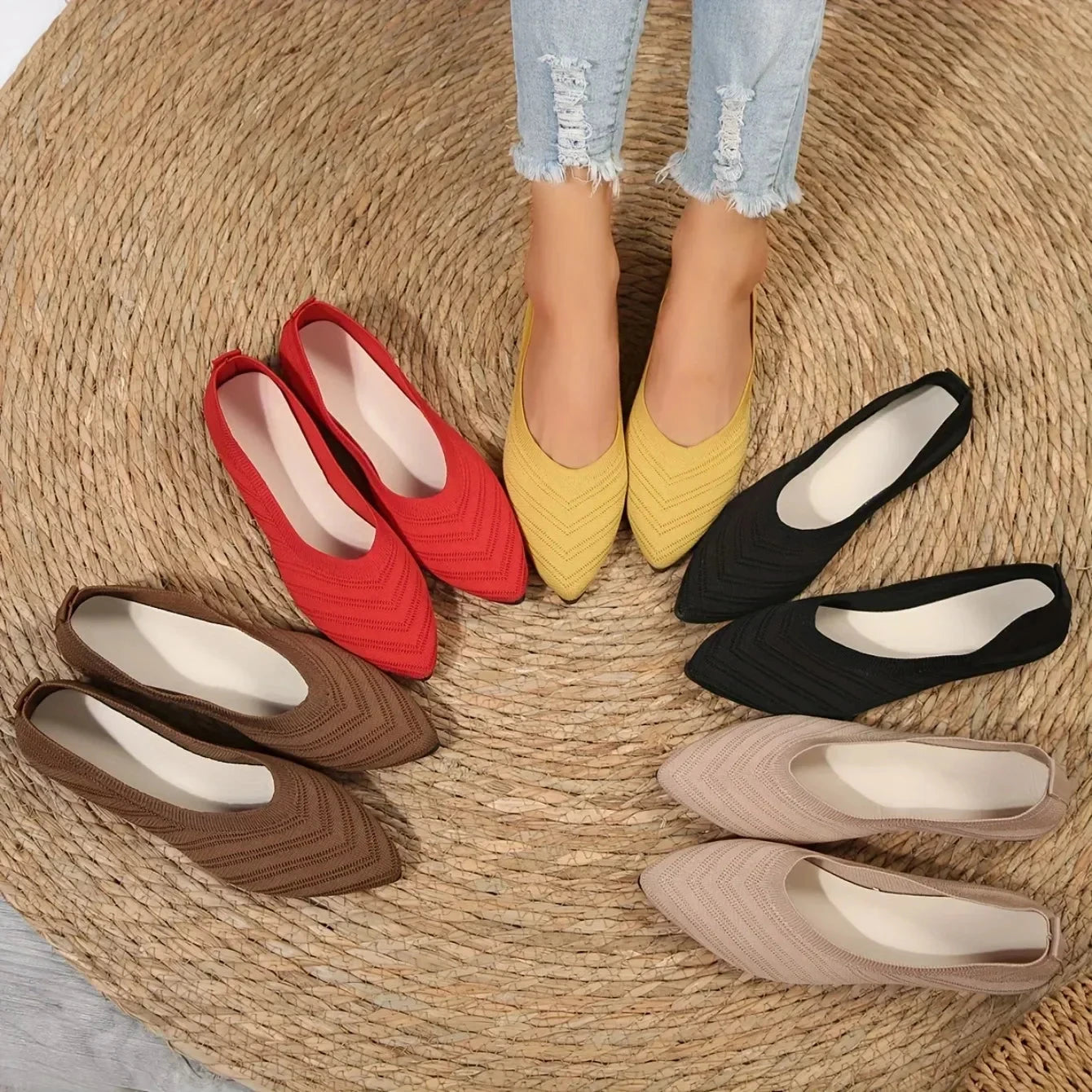 New 2024 Pointed Toe Flat Office Boat Solid Color Knitted GlowCart