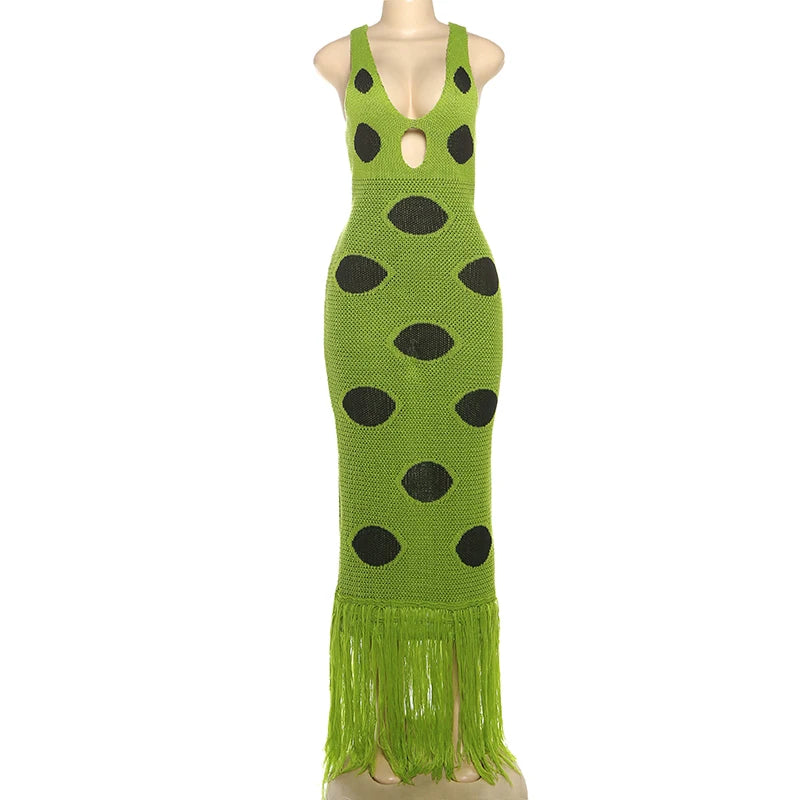 Knitted Hollow Out Tassel Splicing Dress Female Sleeveless O-neck Slim Sexy 2025 Summer Long Dresses Women Party Vacation Green GlowCart