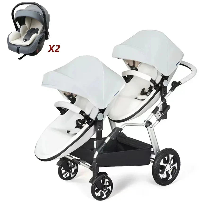 NEW luxury Twins baby stroller 3in1 high landscape new PU leather double stroller baby carriage twin strollers for 2 kids GlowCart