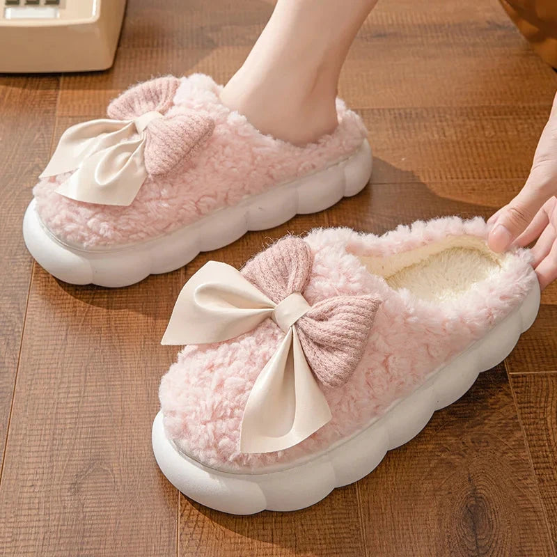 Winter Warm Fur Slippers for Women Cute bow House Non Slip GlowCart