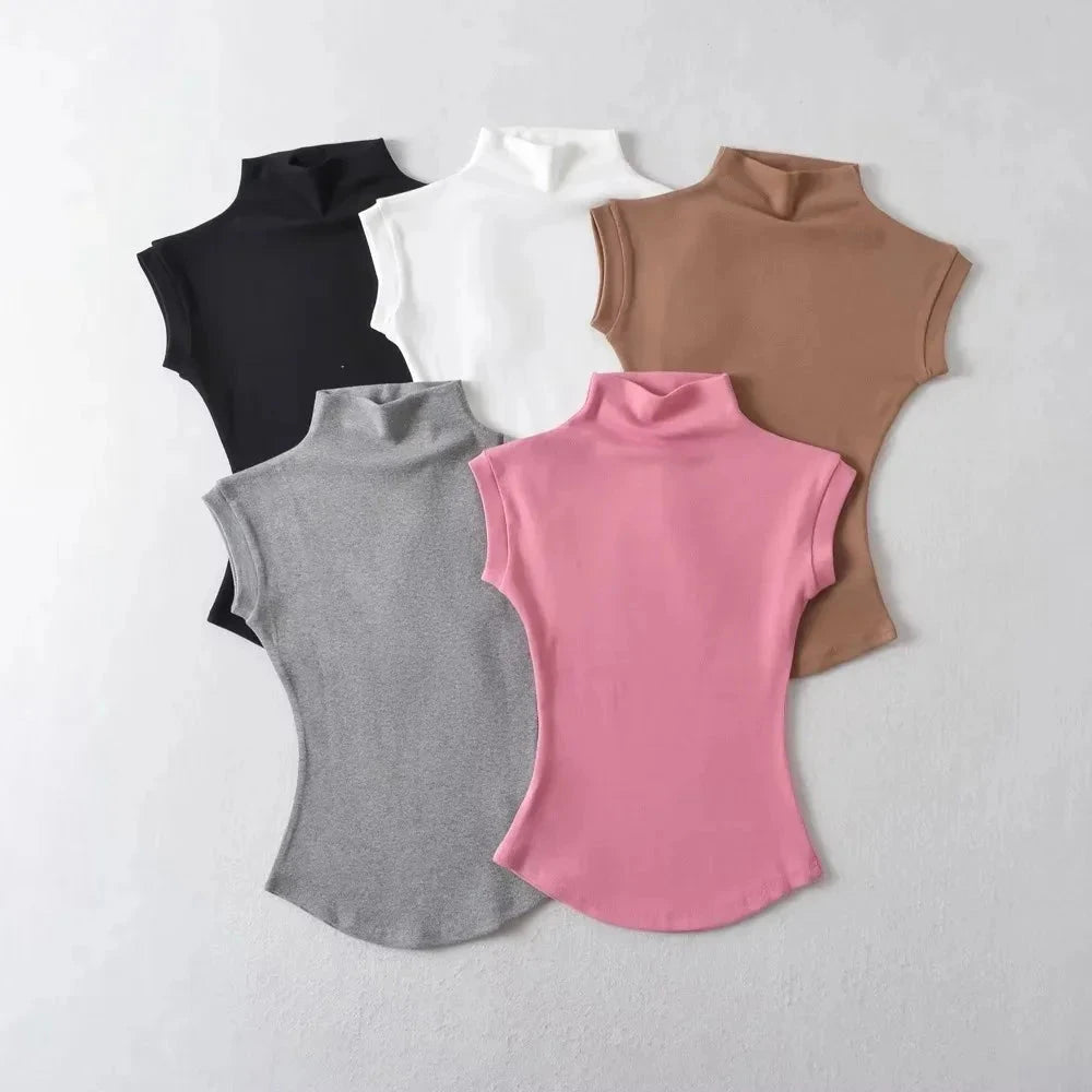 Women Summer Sexy Turtleneck Sleeveless T-Shirts Tops Solid GlowCart