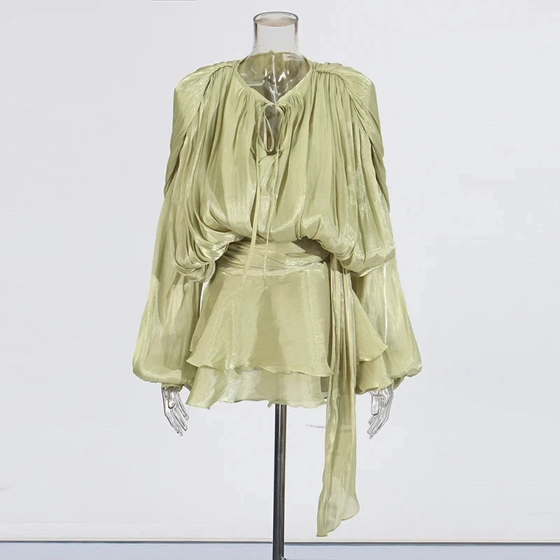 TWOTWINSTYLE Solid Patchwork Lace Up Blouse Mini Dresses For GlowCart