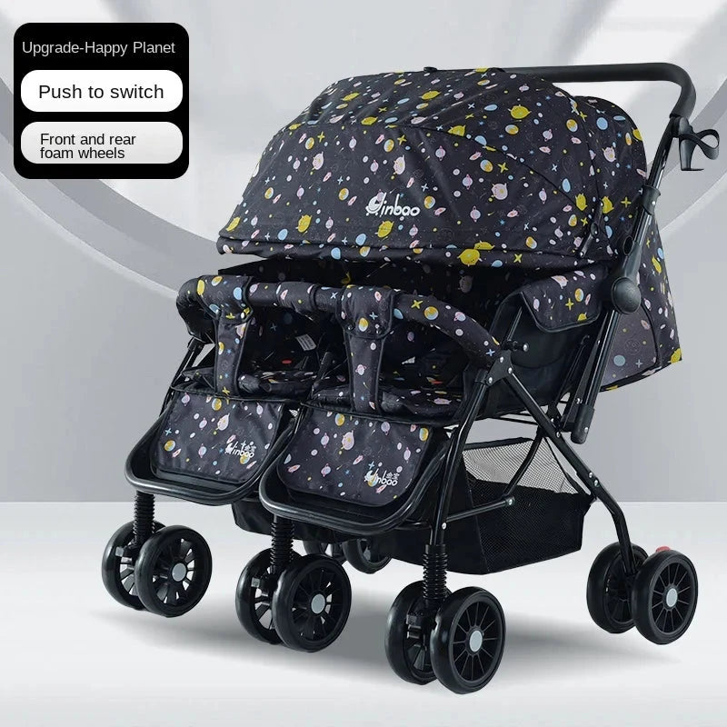 Baby Double Pushchair Ultra Lightweight Two-way Foldable Shock Absorbing Poussette Double Can Sit and Lie Down Twin Pram GlowCart