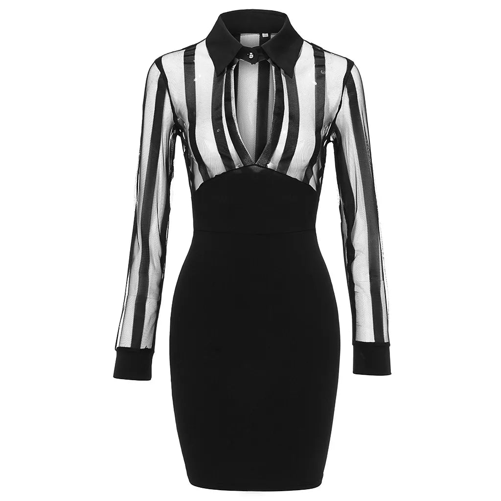 Women's Dresses Fashion Women Long Sleeve Sheer Striped Mesh Patchwork Bodycon Casual Work Dress GlowCart
