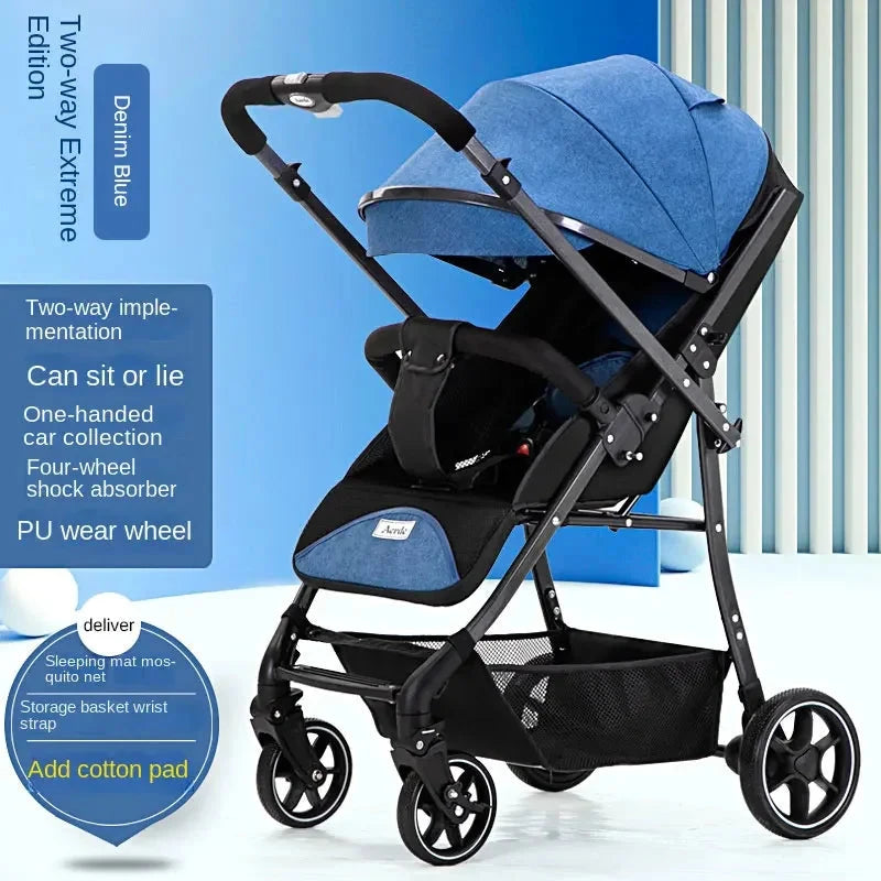 Portable Baby Stroller Can Sit and Lie Down With One Key Folding Bidirectional High View Shock Absorption Universal Wheel GlowCart