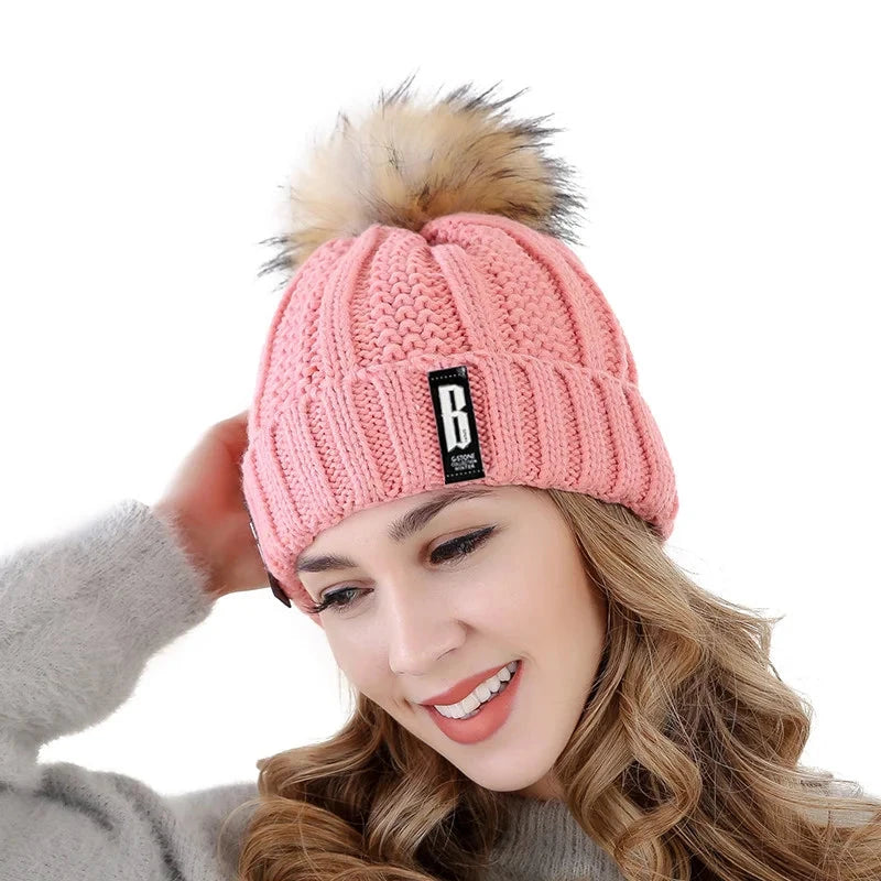 New Women Hat High Quality Add Fur Lined Pompoms Winter Hat GlowCart