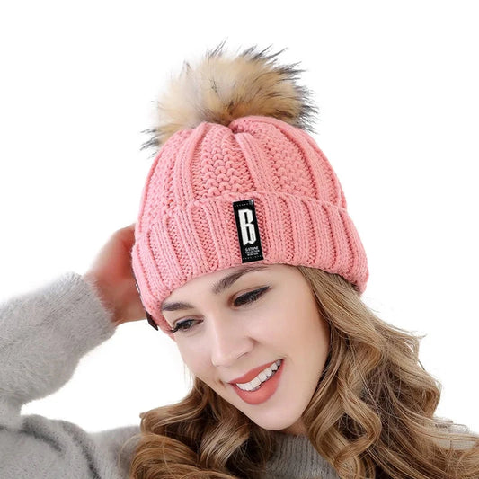 New Women Hat High Quality Add Fur Lined Pompoms Winter Hat GlowCart