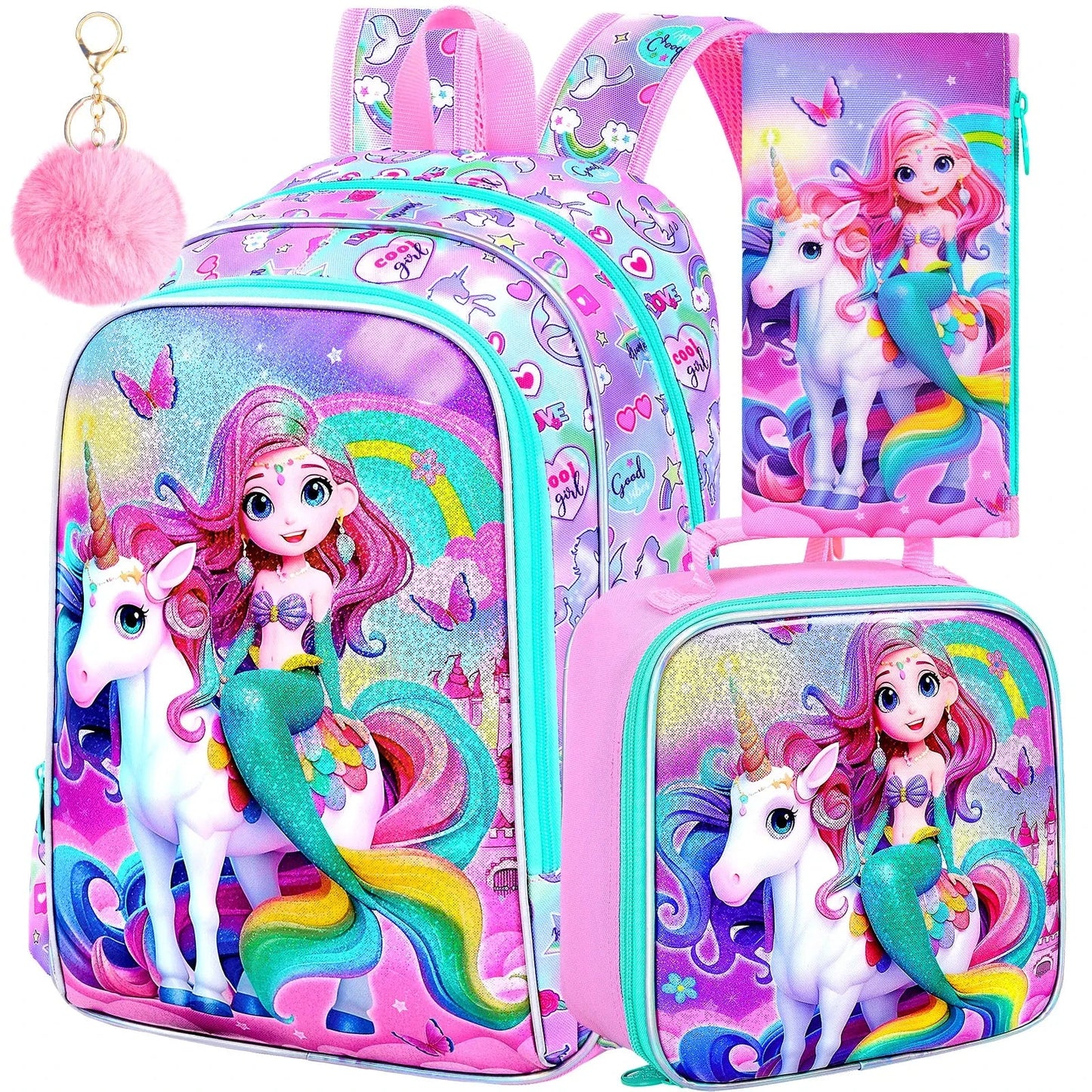 3PCS Mermaid Backpack for Girls, 16" Kids Backpacks Water Resistant with Lunch Box, Bookbag for Elementary Preschool GlowCart