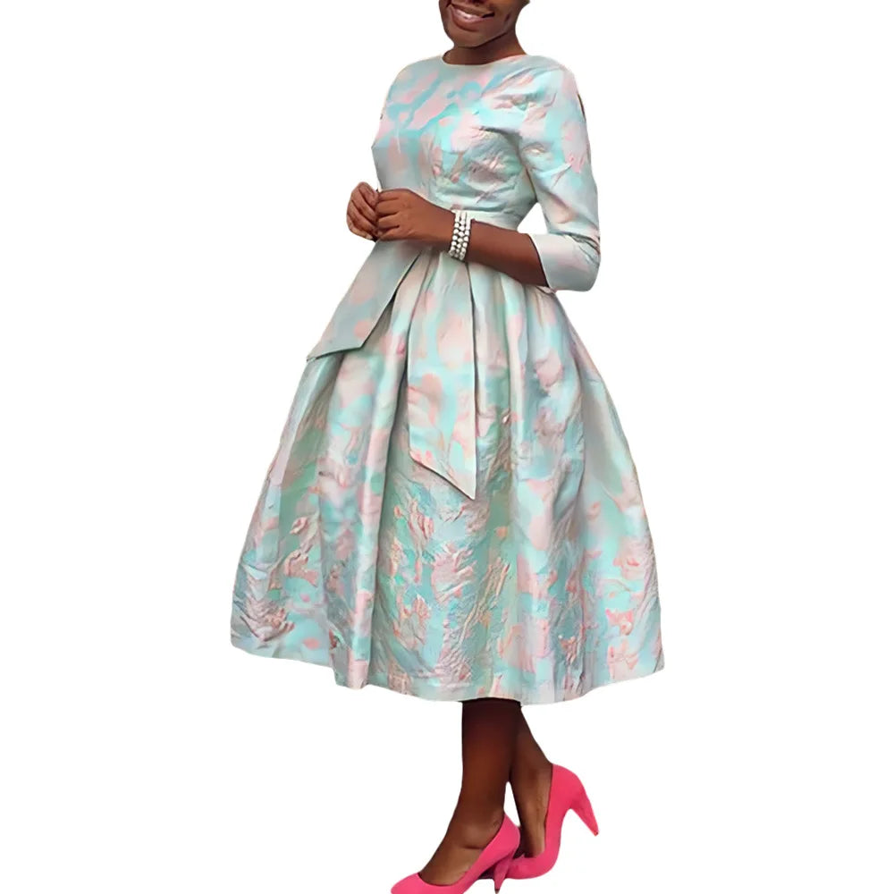 Women Print Midi Dress Cinched Waist Lace Up Splice Round Neck Dresses Casual A Line Elegant Vestidos Party Spring 2025 GlowCart