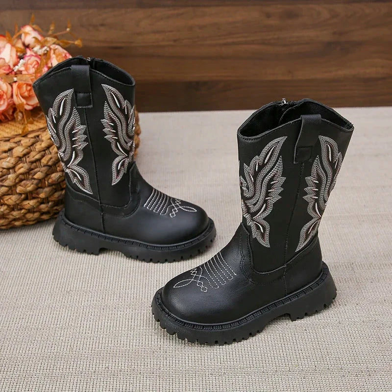 Children Leather Boots Classic Cowboy Embroidery Girls Long Booties Kids Winter Round Toe Soft Snow Shoes Fashion Snow Boots GlowCart
