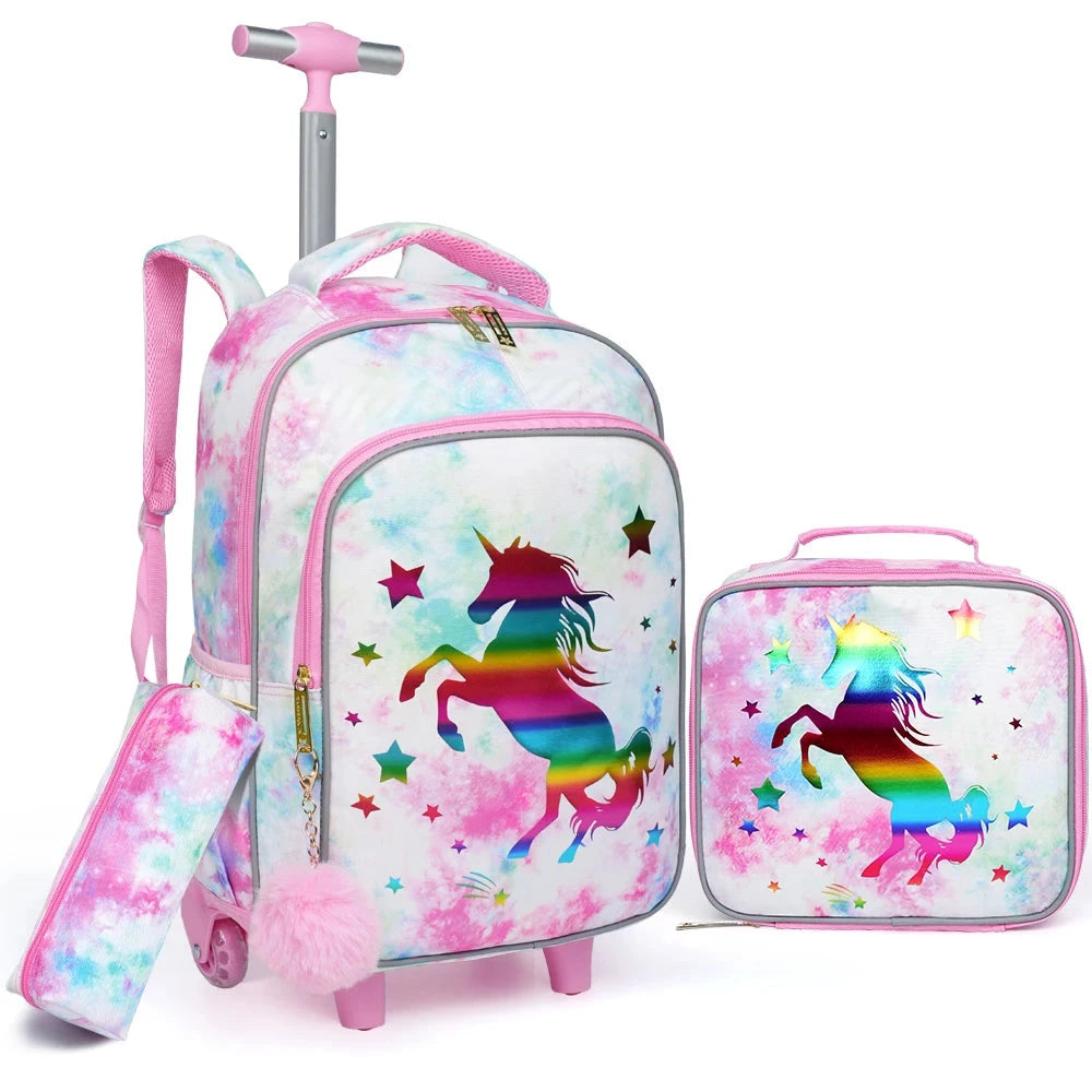 3PCS Rolling Backpack For Kids Wheeled School BookBag Golden Unicorn pattern design Glow-in-the-dark Function With Lunch Pen Bag GlowCart