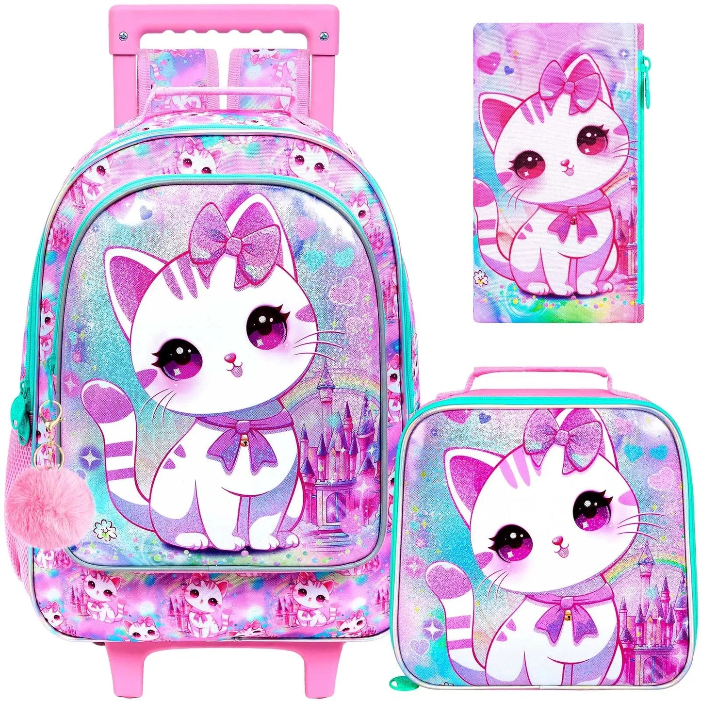 3PCS Rolling Backpack for Girls and Boys, Kids Roller Wheels Bookbag, Wheeled Elementary School Bag with Lunch Bag GlowCart