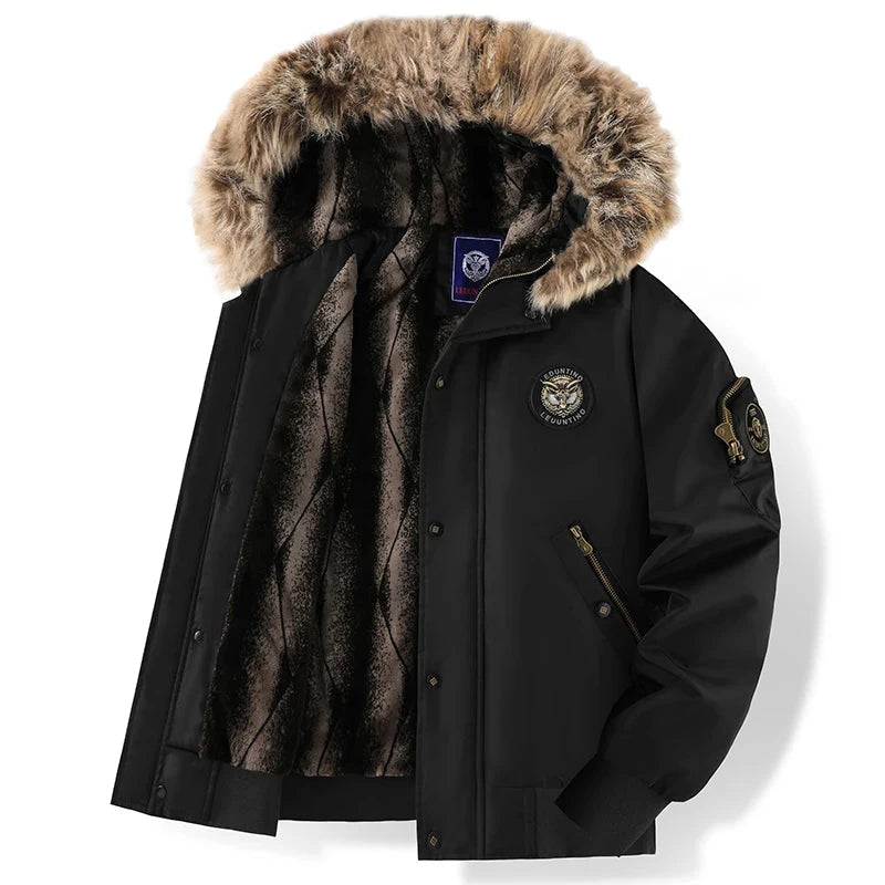 Men's Winter Black Aviator Jacket with Detachable Faux Fur GlowCart