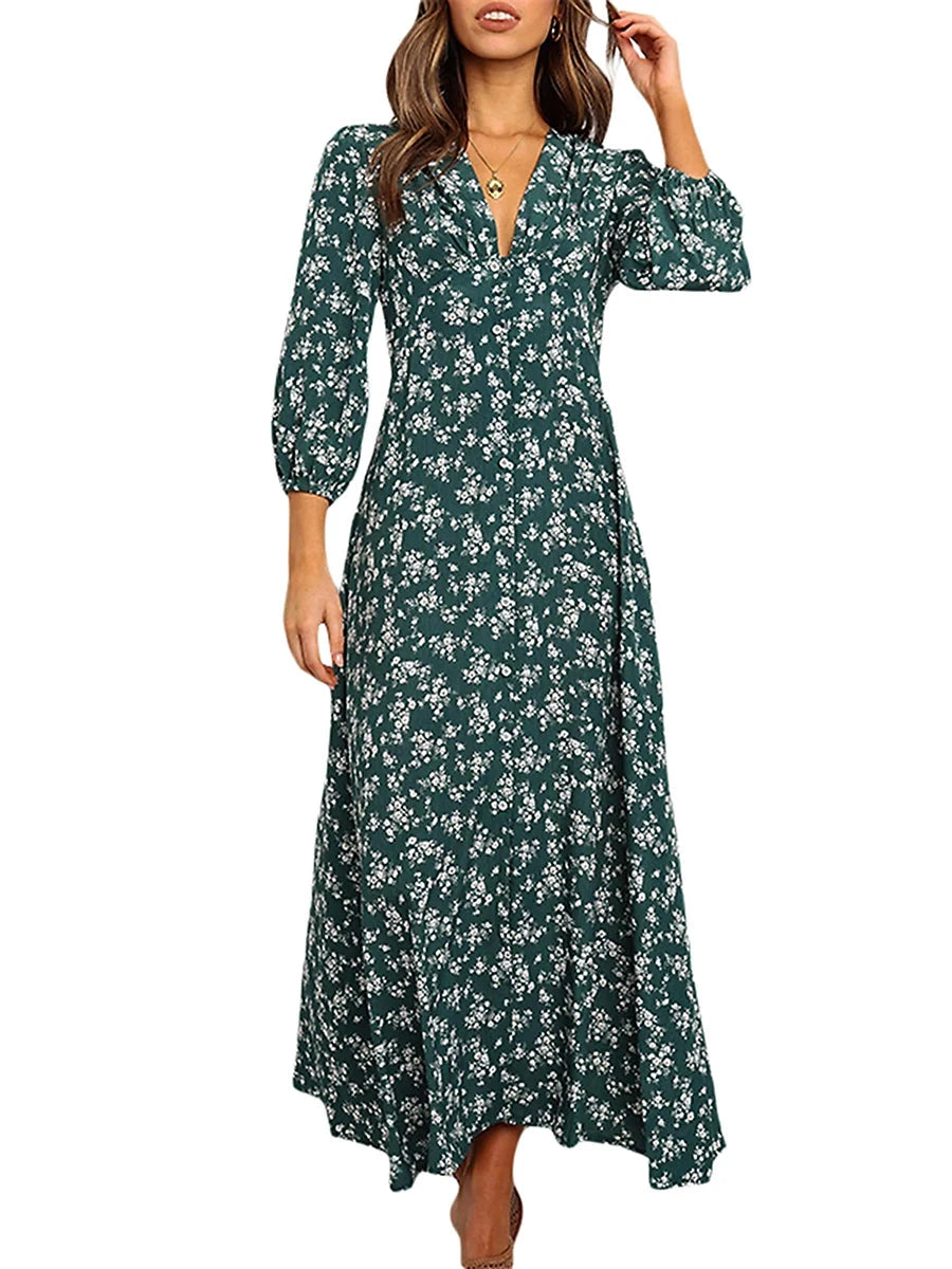 Women's Summer Bohemian Floral Print Long Maxi Dress Retro GlowCart