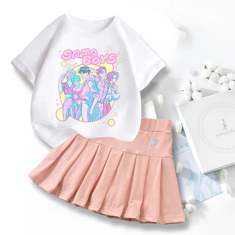 New K Pop Demon Hunters T-shirts Skirt Set Kawaii Cartoon Graphic T-shirt Kids Casual Short Sleeves Tops Summer Girl Clothes GlowCart