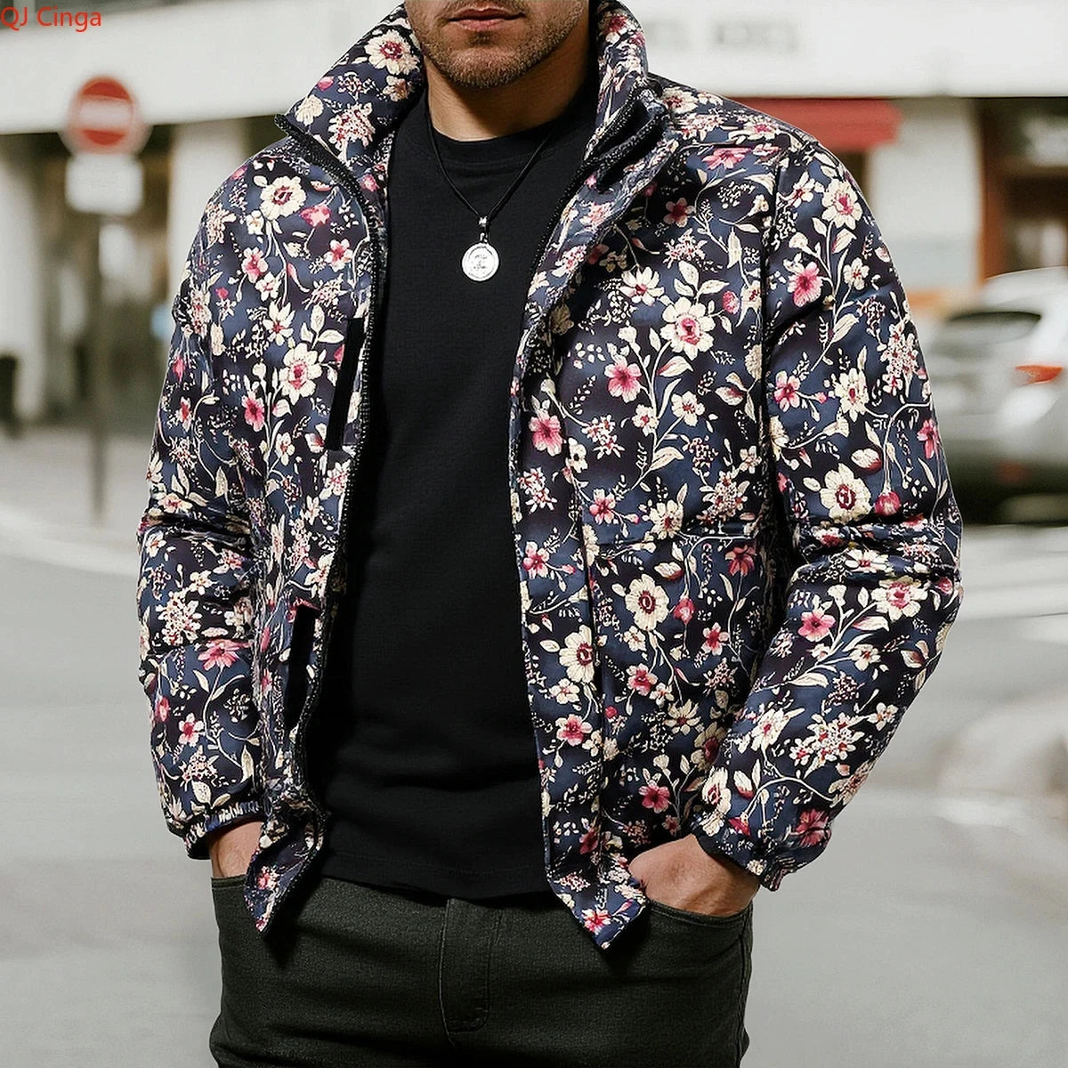 Winter Arrival Men's Beige Long-Sleeve Printed Thick Jacket, GlowCart