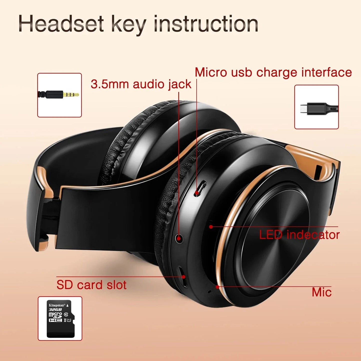 Men Gift Gold Wireless Headphones Bluetooth Earphone Stereo GlowCart