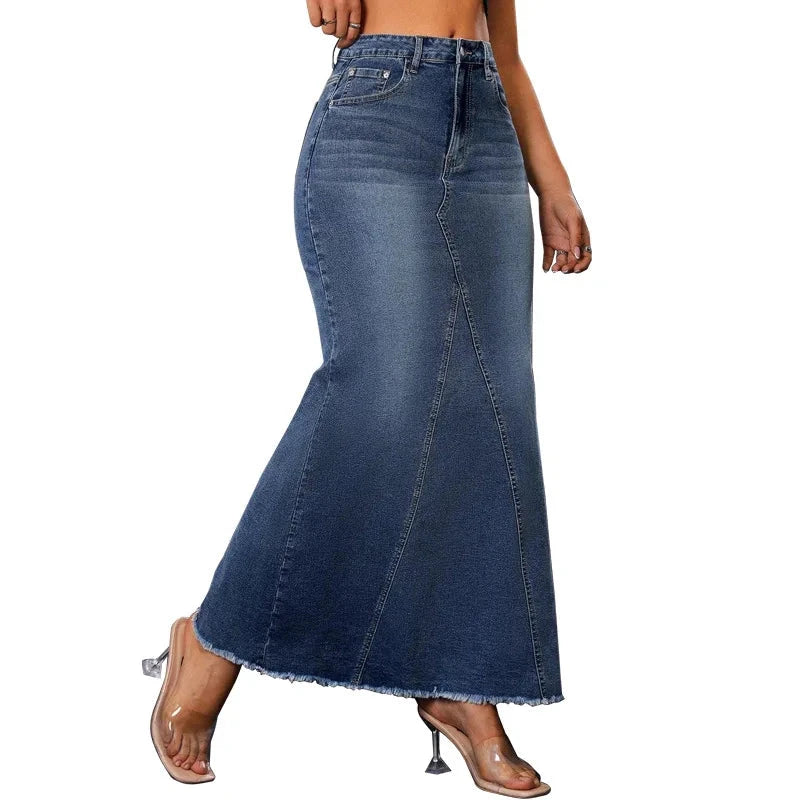 Skirts Women Denim Long Skirt Hip Wrap High Waist Stretch Pockets Washed Female Summer Streetwear Vintage A Line Distressed 2025 GlowCart