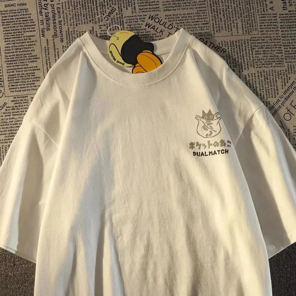 Summer Japanese Retro Pocket Cat Cartoon Printed Short GlowCart