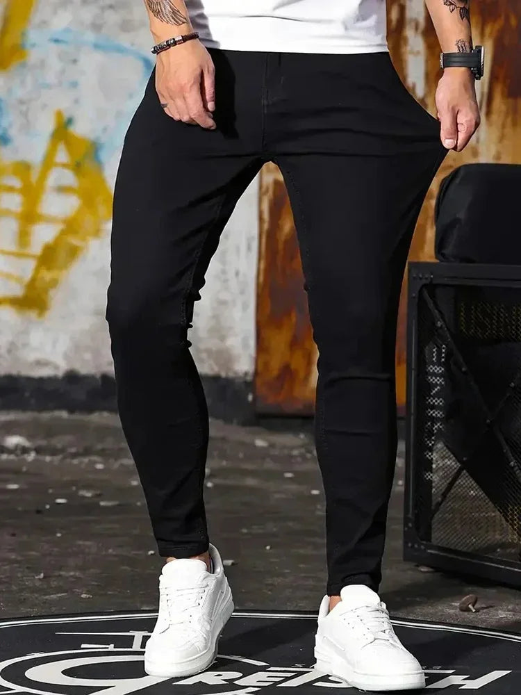 Men Jeans Stretch Skinny Denim Pants Solid Color Black Blue Spring Luxury Street Harajuku Hip-Hop Style Slim Fit Trousers Brand GlowCart