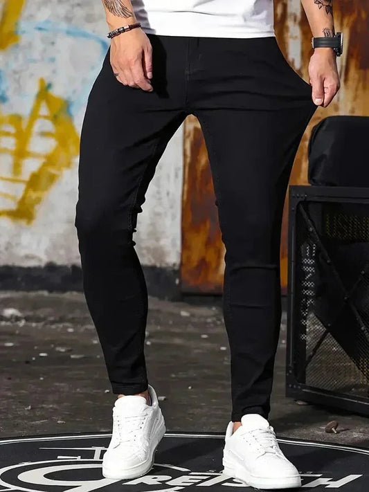 Men Jeans Stretch Skinny Denim Pants Solid Color Black Blue Spring Luxury Street Harajuku Hip-Hop Style Slim Fit Trousers Brand GlowCart