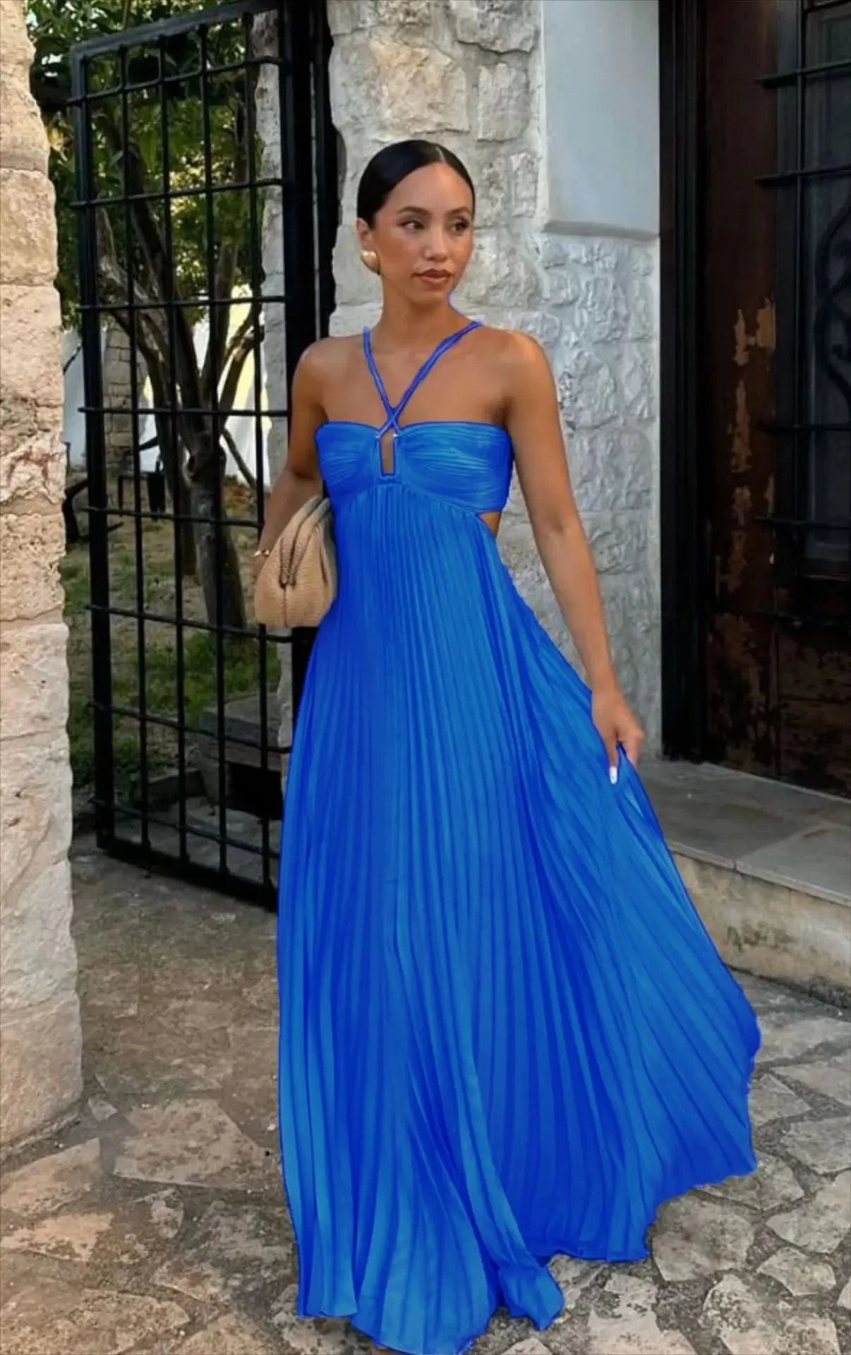 2025 High Waist Pleats Robe Dress Casual Sleeveless Solid GlowCart