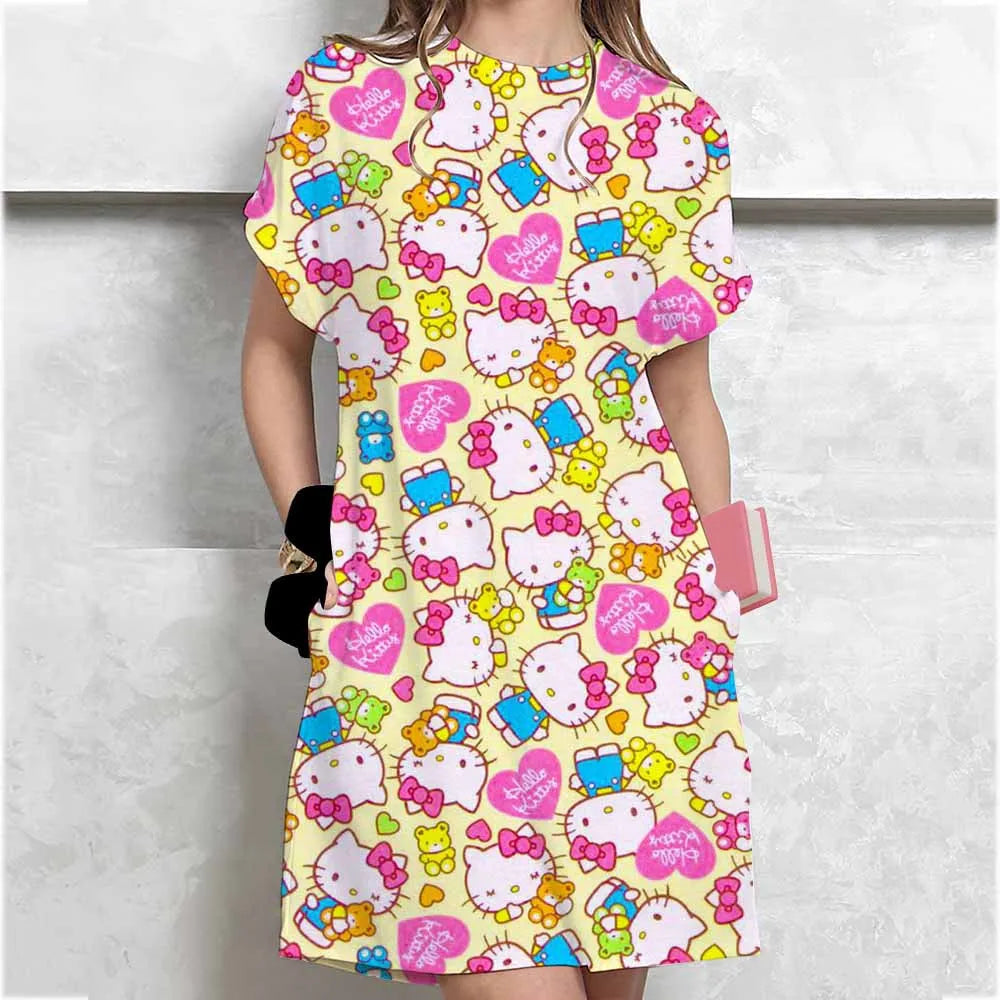 Women's long tshirt dress summer fashion girl Hello Kitty print oversized casual round neck short sleeved mini T-shirt dress ﻿ GlowCart