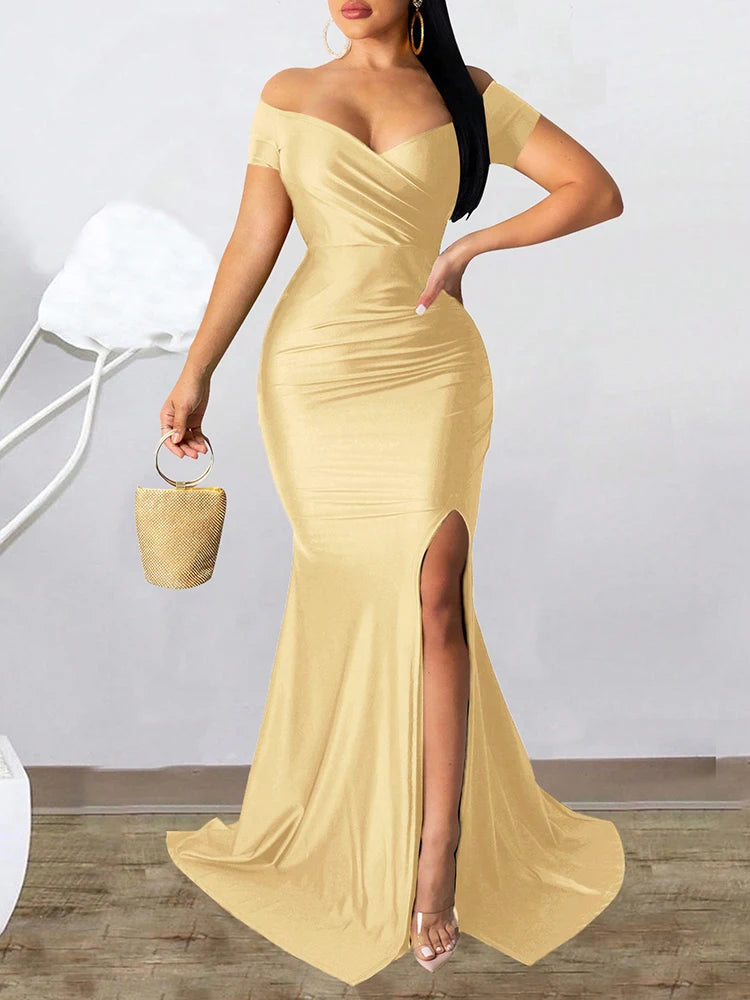 Classic High Slit Evening Dress Women Solid Maxi Long Dresses With Sleeves Wedding Bridesmaid Elegant Party Dresses 2025 Woman GlowCart