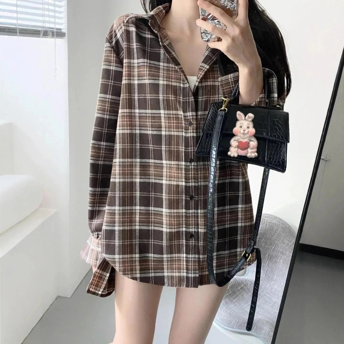 Caramel Plaid Long Sleeve Women's Shirt Casual Loose Style GlowCart
