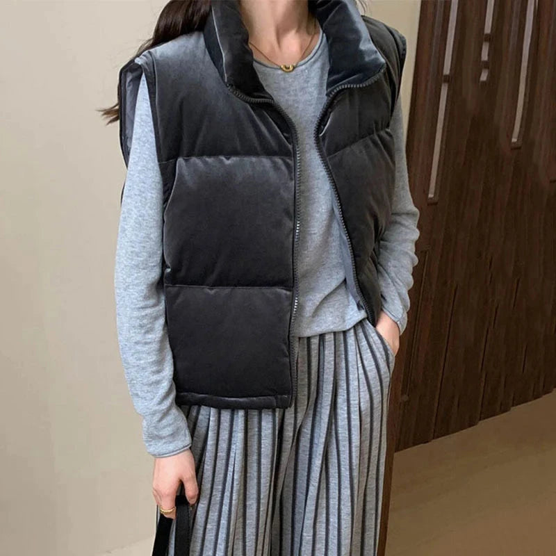 Autumn Winter Stand Collar Velvet Fluffy Puff Down Vest GlowCart