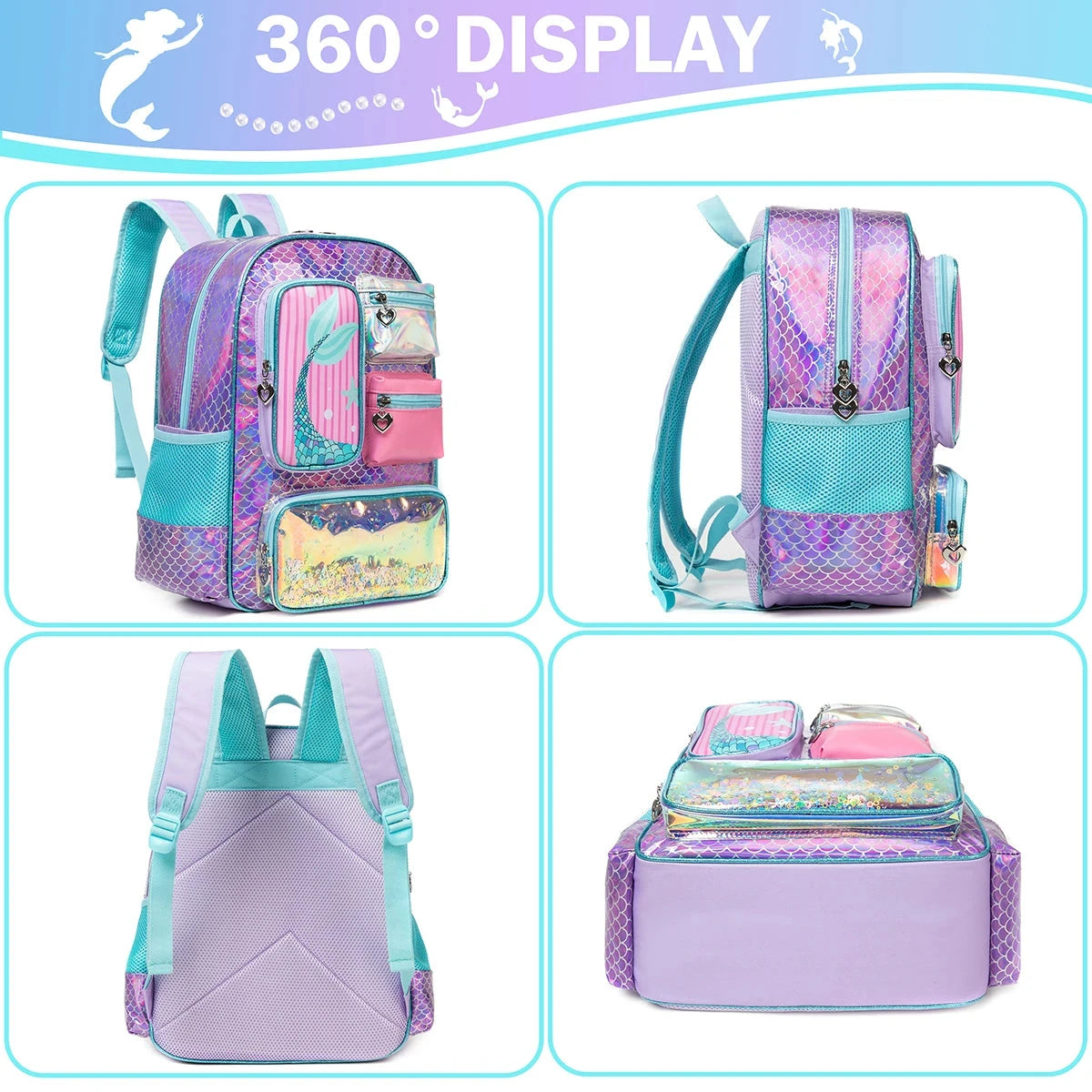 Meetbelify Mermaid Backpack for Girls Bookbag for Girls with Lunchbag and Penbag for Elementary Students GlowCart
