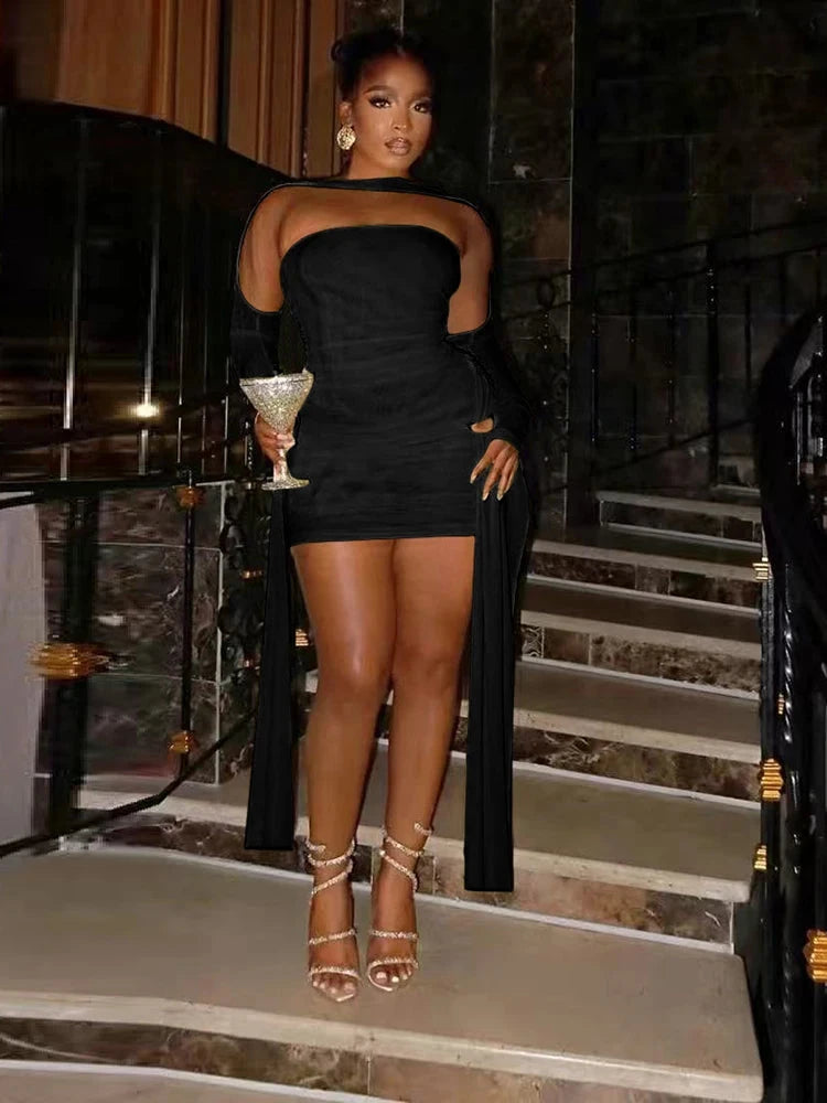 Sisterlinda Mesh Simple Mini Dress Fashion Solid Strapless GlowCart