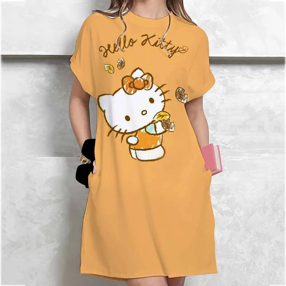 Women's long tshirt dress summer fashion girl Hello Kitty print oversized casual round neck short sleeved mini T-shirt dress ﻿ GlowCart