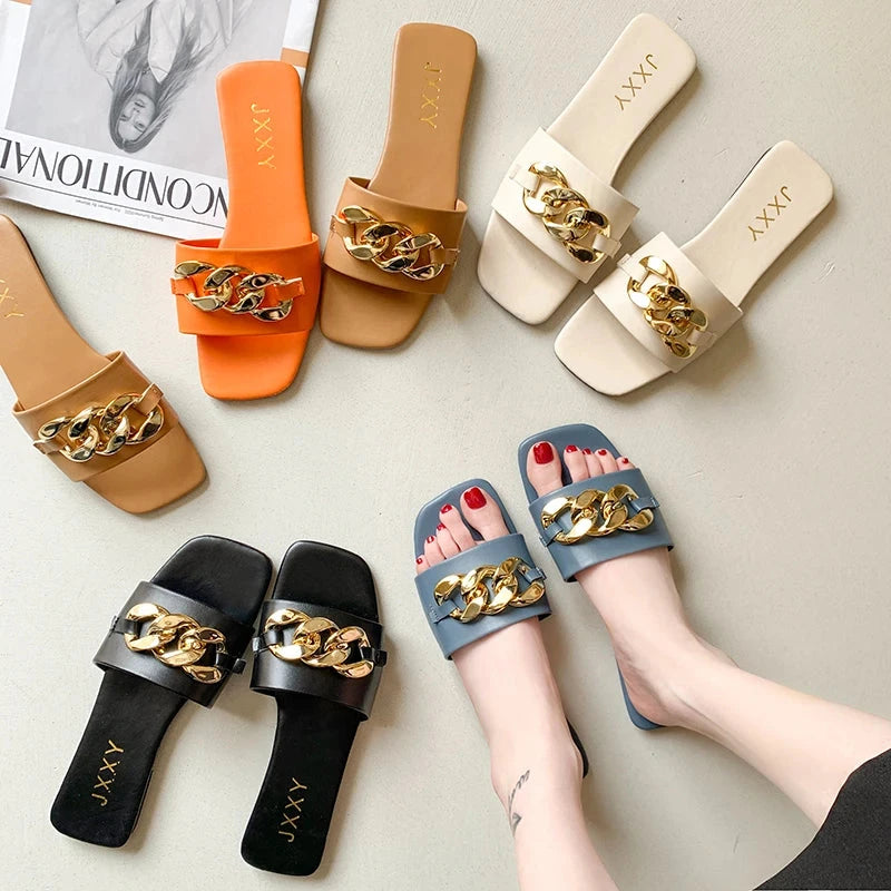 2025 New Fashion Women's Slippers Square Toe Chain Slippers GlowCart