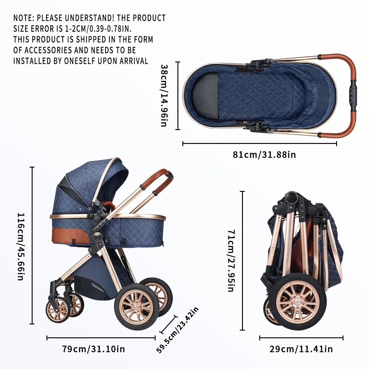 High landscape baby stroller, portable and foldable, a travel trolley that can be pushed in both directions GlowCart
