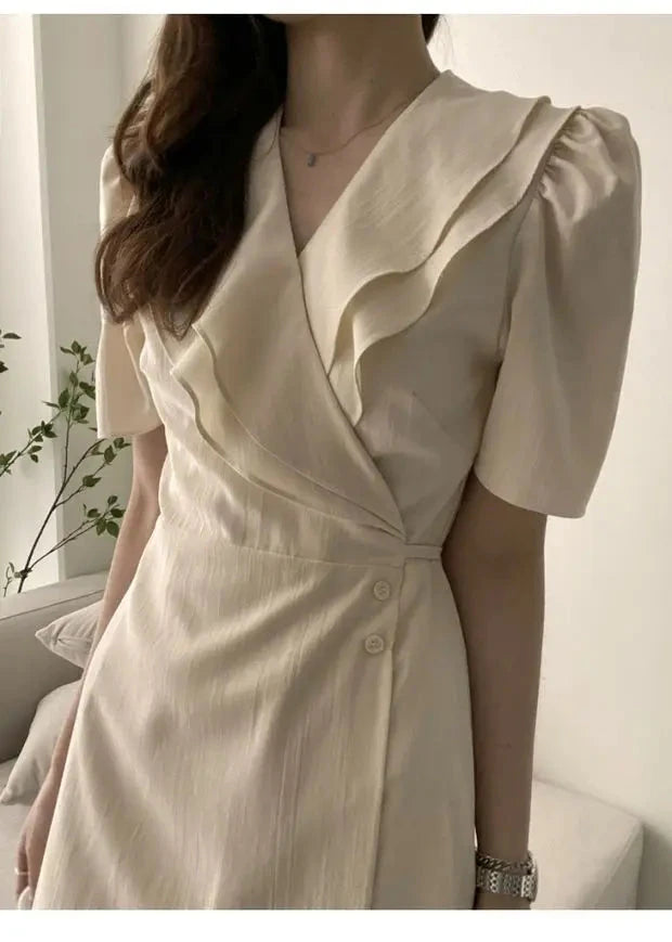 Summer New Chic V-ne Turn-down Collar Slimming Waist Midi Dr GlowCart