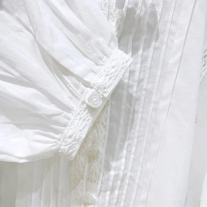 pink Women Hollow Out Lace Long Sleeve shirt 100% cotton GlowCart